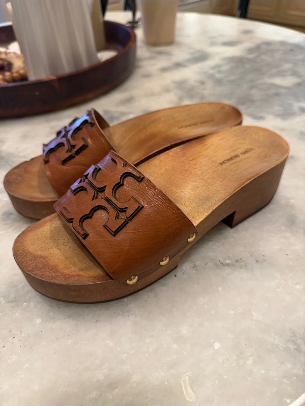 Tory Burch Tan Leather Ines Clog Slide with Logo